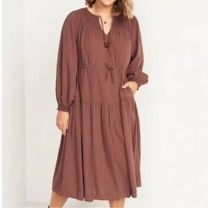 Old Navy Brown Pleated Long Sleeve Sundress